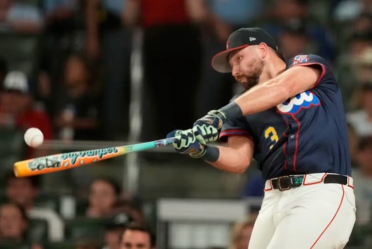 Seattle Mariners' Cal Raleigh competes during the MLB baseball All-Star Home Run Derby, in Atlanta, on Monday.